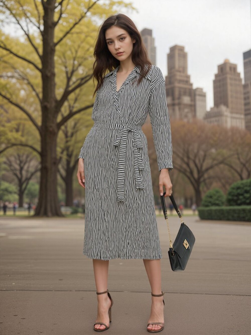 Zara Black and White Striped Maxi Wrap Dress with tie waist
